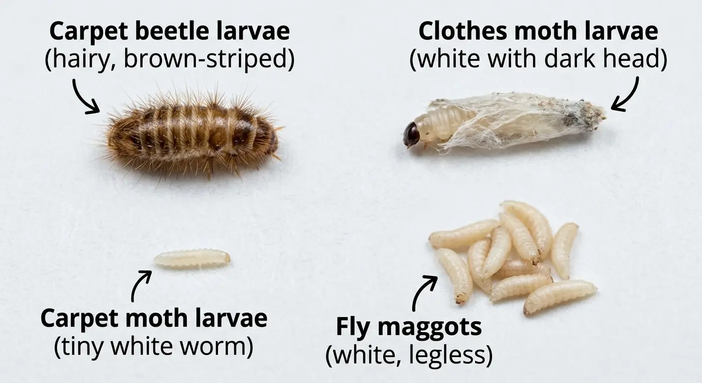 Infographic showing carpet beetle larvae, clothes moth larvae, carpet moth larvae, and fly maggots found in beds