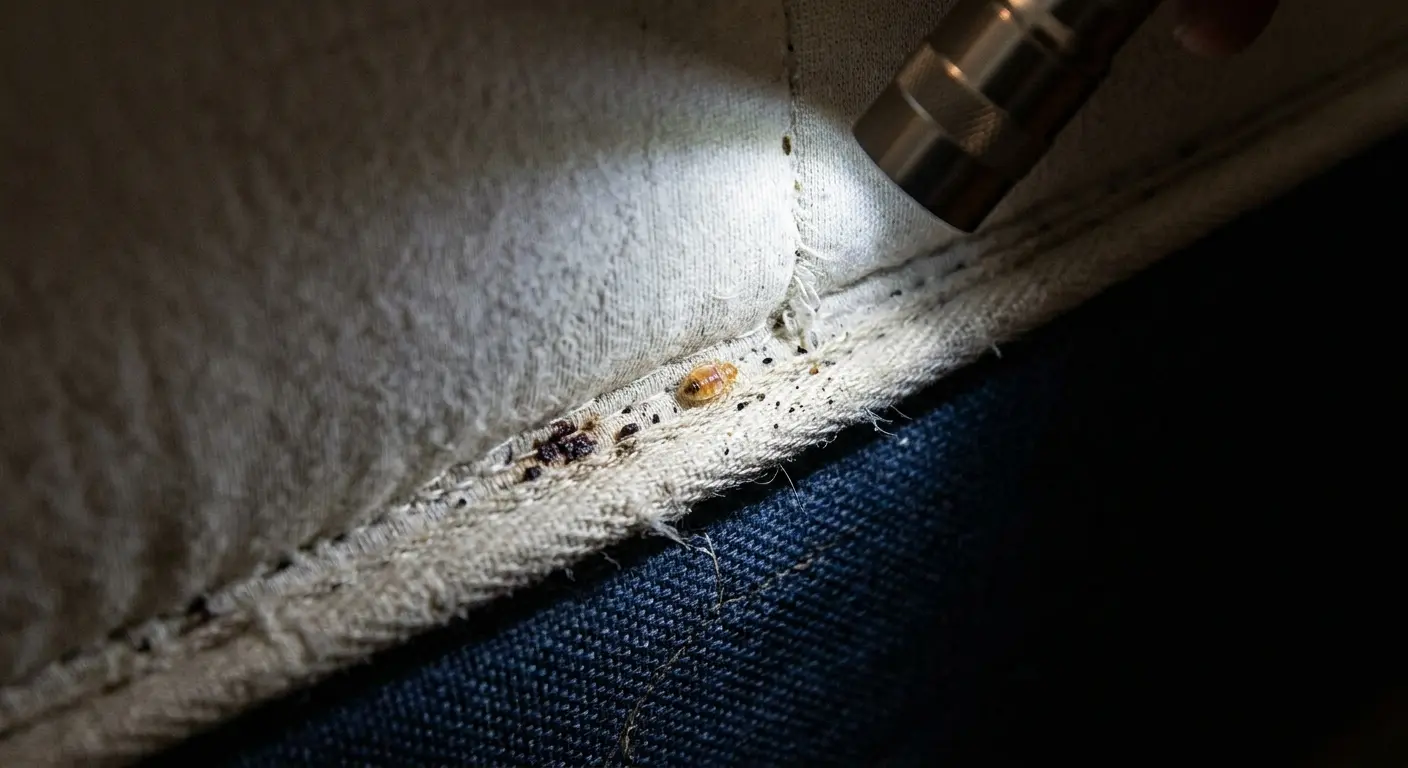 Inspecting mattress seam with flashlight revealing bed bug nymph and fecal spots