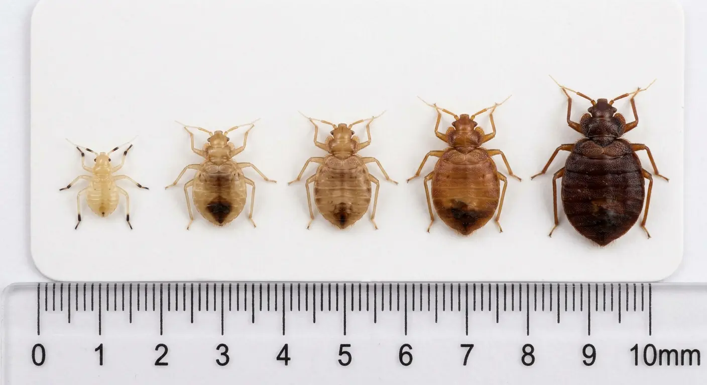 Five bed bug nymph instars showing size and color progression from translucent to dark brown