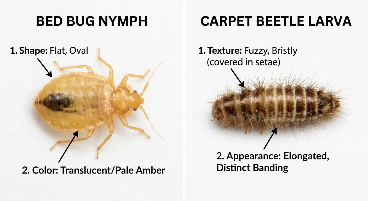 Comparison of bed bug nymph and carpet beetle larva showing key visual differences