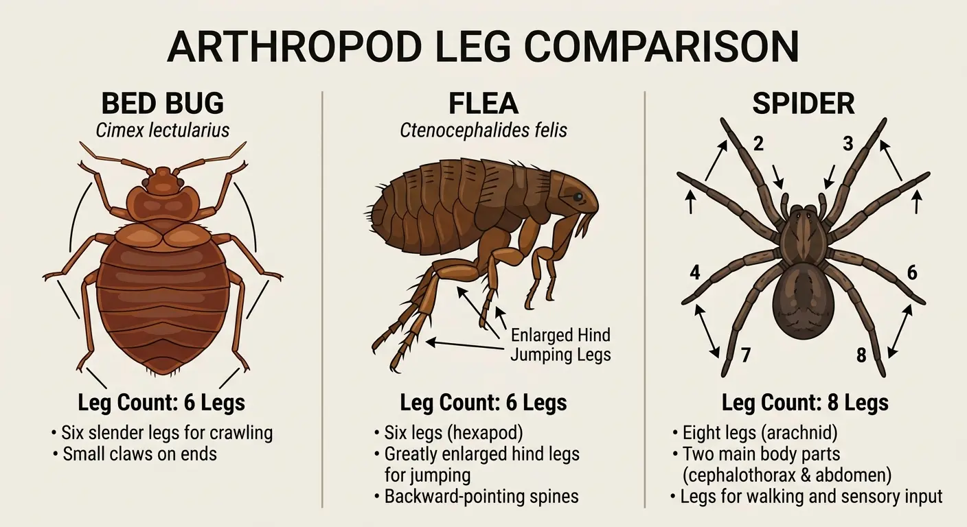 Comparison of bed bug legs with flea and spider legs showing six vs eight legs
