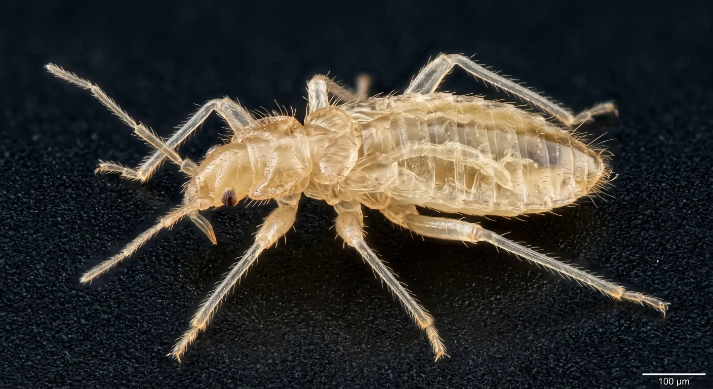 Magnified view of a bed bug nymph showing its six tiny legs