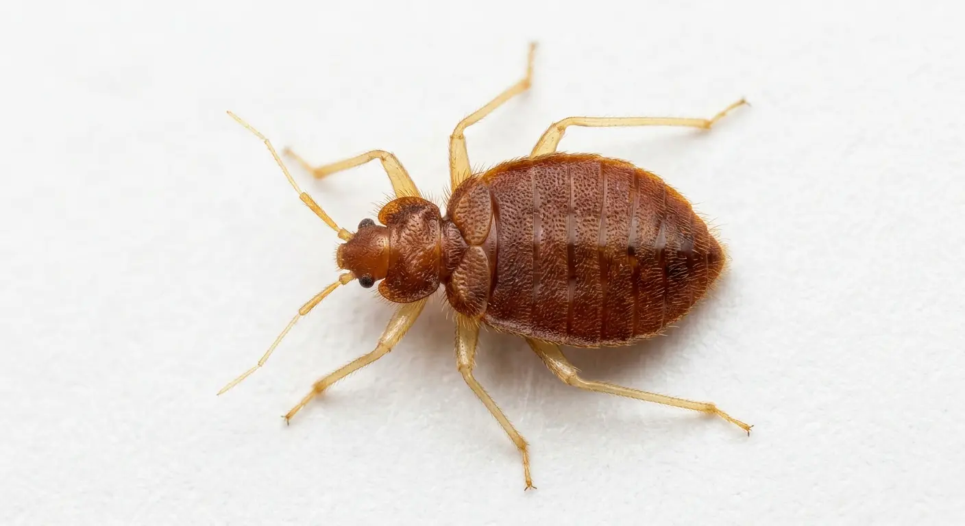 Close-up of an adult bed bug showing six legs attached to its thorax
