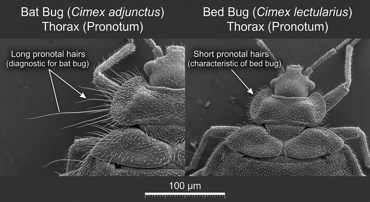 Microscope view of a bat bug showing longer thoracic hairs compared to a bed bug for identification