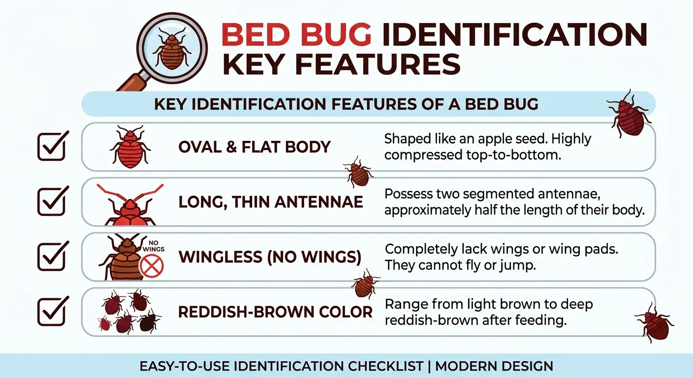 Infographic checklist of bed bug identification features including oval body, antennae, and wingless appearance