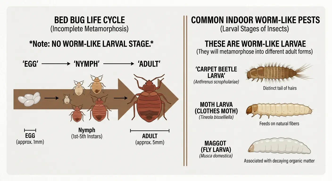 Diagram comparing bed bug life cycle stages with worm-like pests such as carpet beetle larvae and maggots to show bed bugs have no worm stage