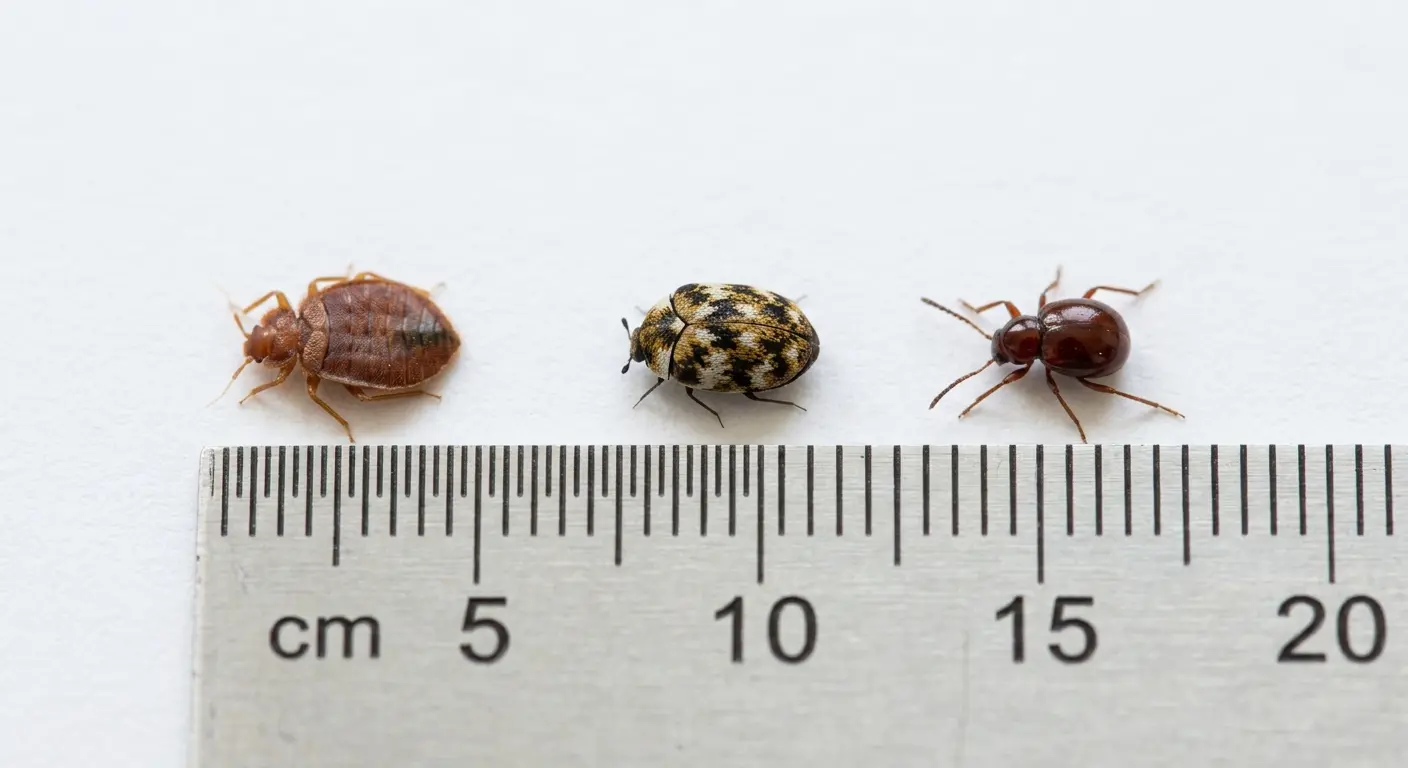 Side-by-side comparison of a bed bug, carpet beetle, and spider beetle showing size and shape differences