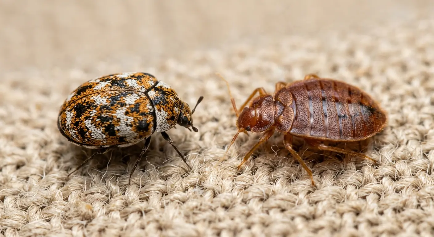 Carpet beetle with speckled wings next to a flat oval bed bug showing key identification differences