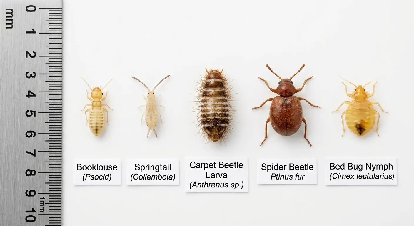 Row of tiny household bugs including booklice, springtails, and carpet beetle larvae next to a bed bug nymph with a millimeter ruler for size comparison