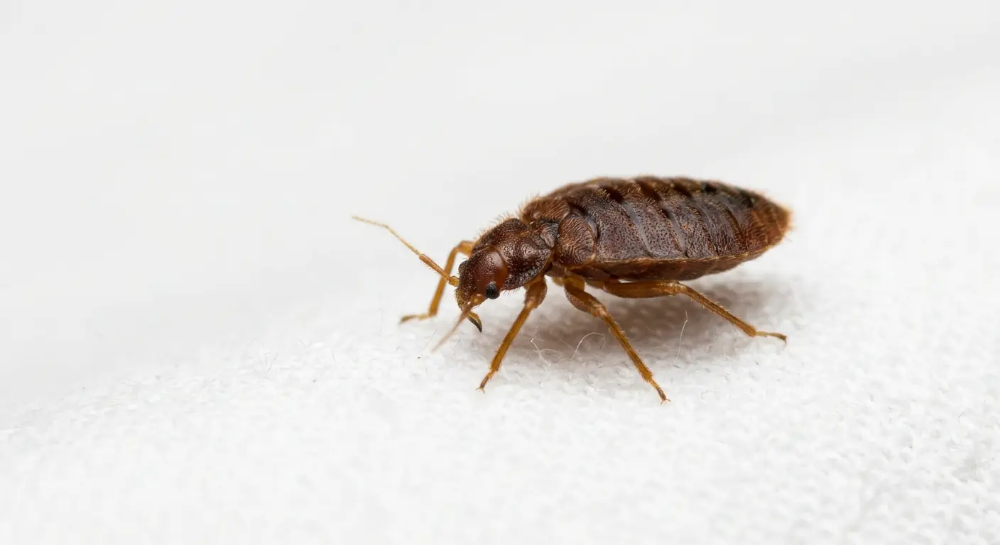 Close-up photo of a common bed bug showing reddish-brown oval body and flat shape for identification