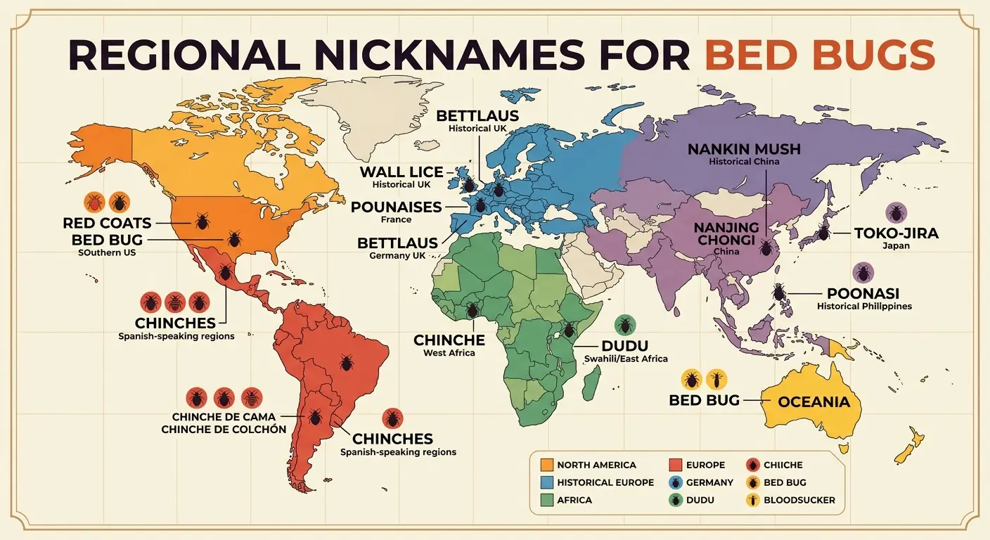 Infographic map showing regional bed bug nicknames including chinches, red coats, and wall lice across the world
