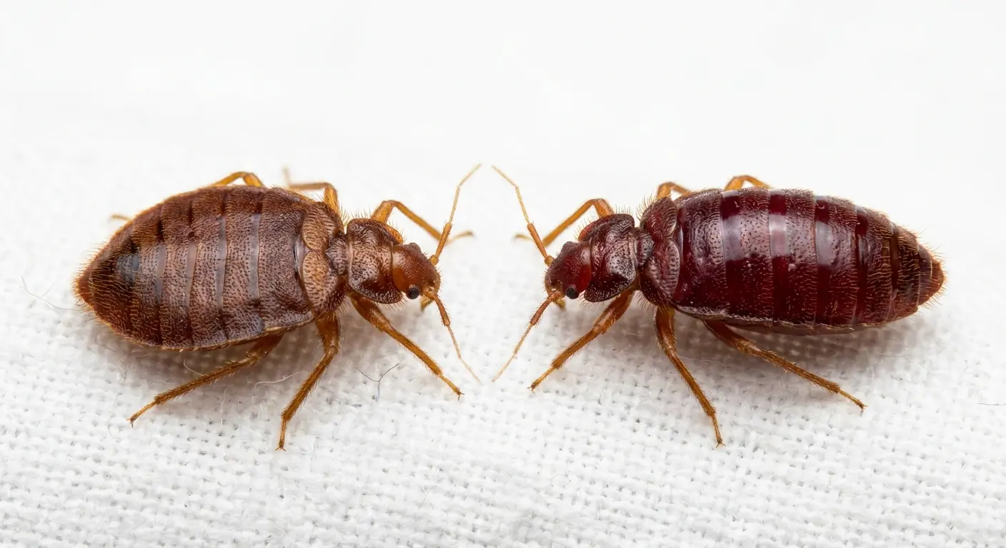 Comparison photo of unfed flat brown bed bug and engorged red bed bug after feeding