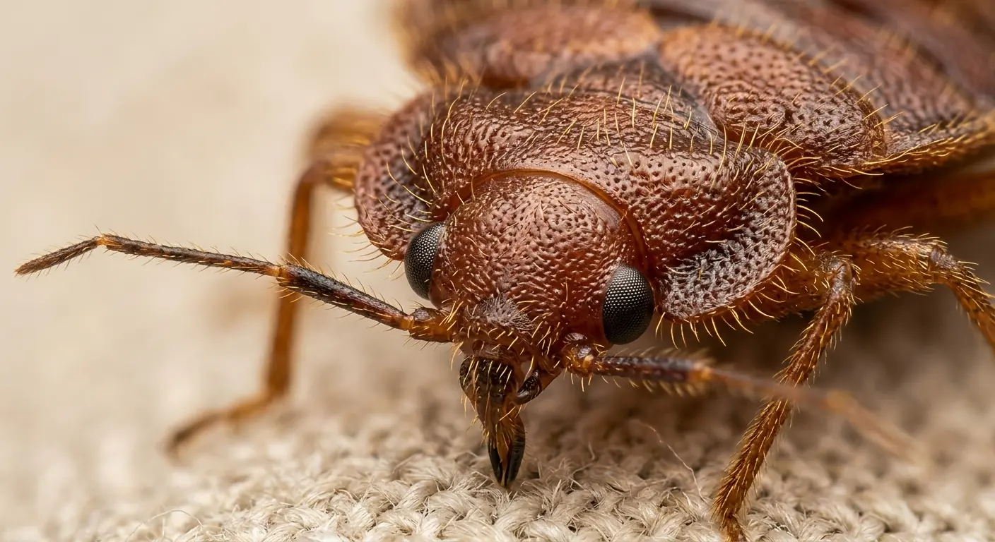 Close-up bed bug photo showing head, eyes, antennae, and pronotum identifying features