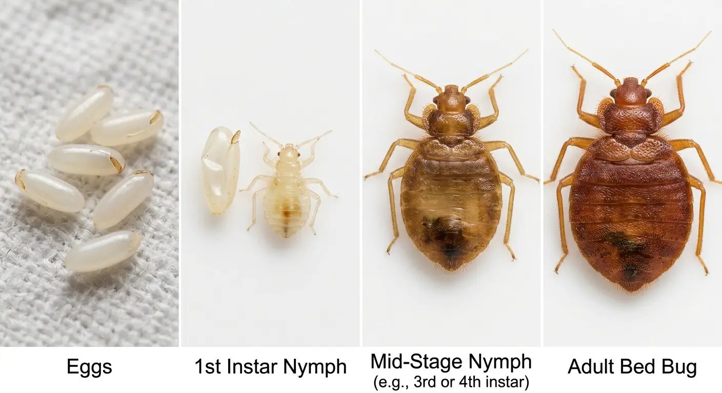 Bed bug pictures showing all life stages from eggs to nymphs to adult for identification