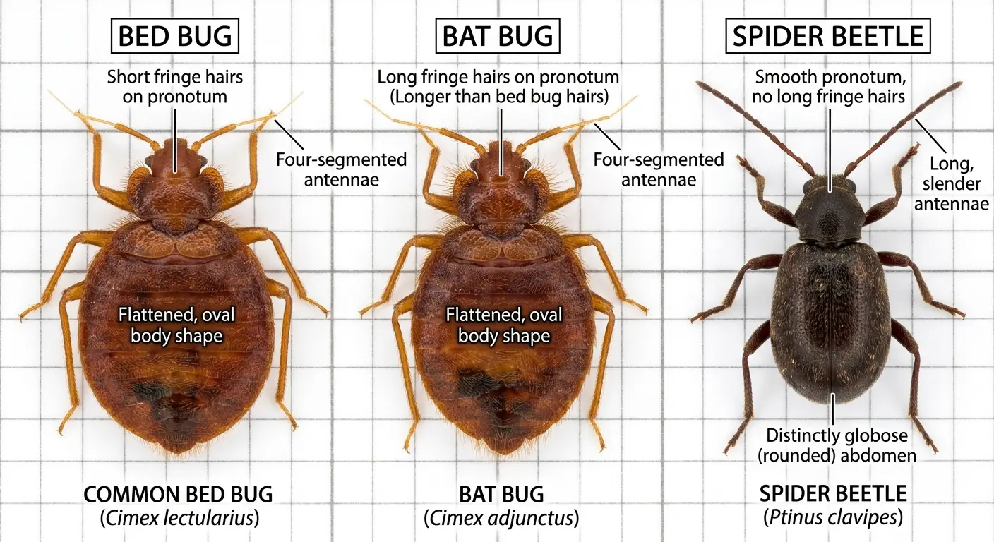 Comparison of bed bug photos with common lookalikes bat bug and spider beetle