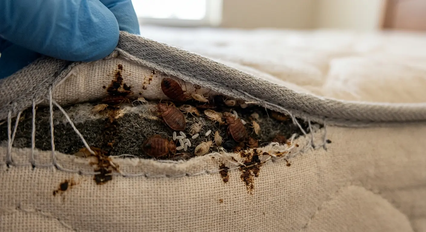 Close-up photo of bed bugs clustered in a mattress seam with nymphs, eggs, and fecal spots on the bedding