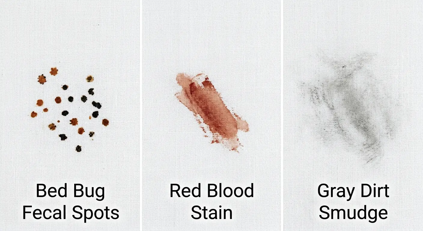 Comparison of bed bug poop vs blood stains vs dirt on white fabric showing size and color differences