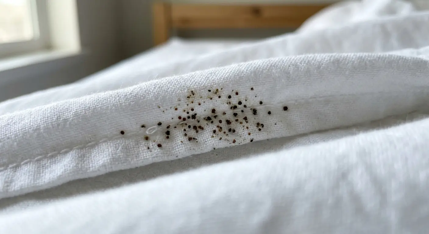 Close-up of bed bug poop on white sheets showing small dark rust-colored dots clustered along the seam
