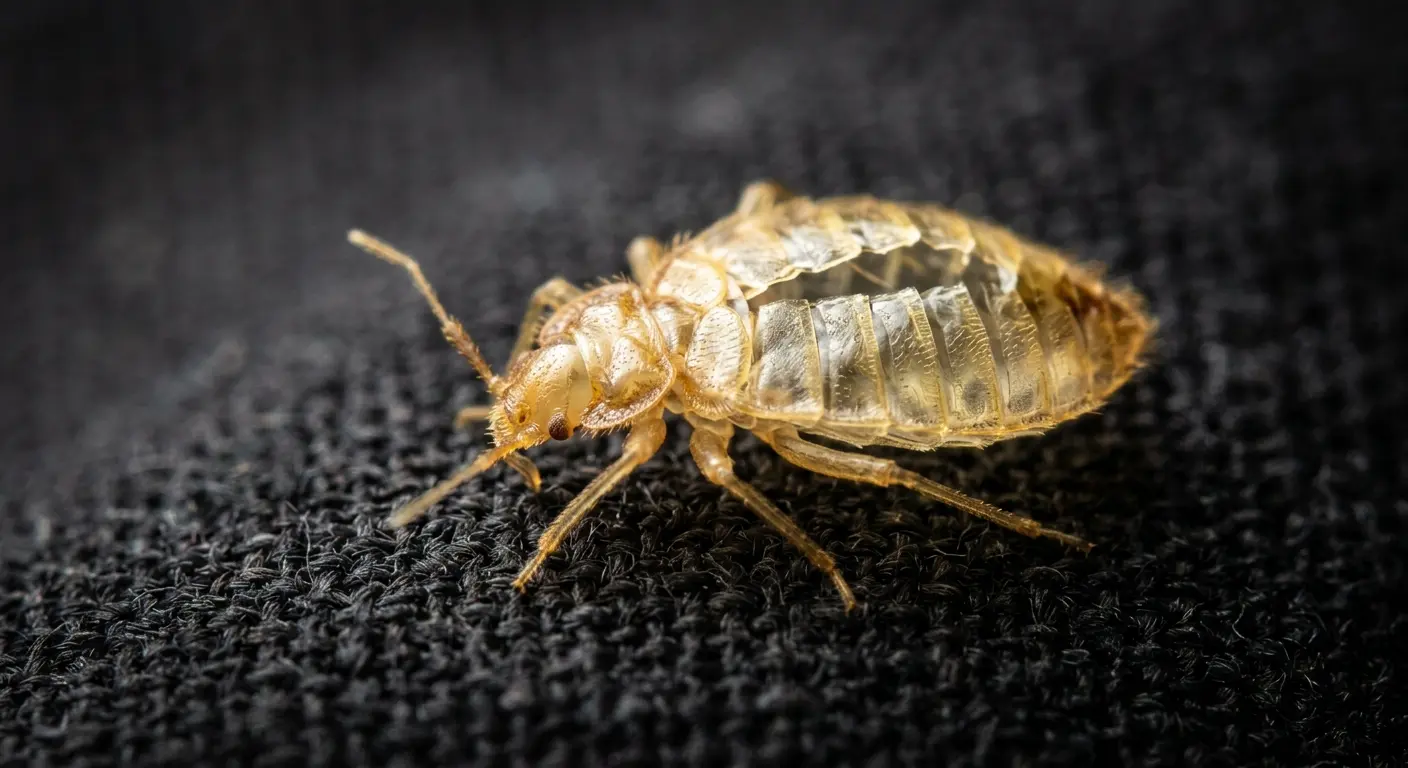Close-up of a translucent bed bug shed skin, pale yellow empty husk on dark fabric