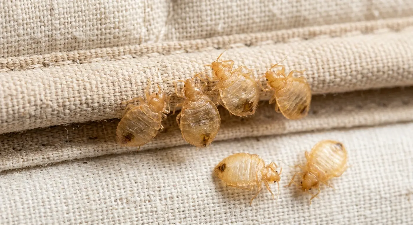 Bed bug shed skins clustered in mattress seam with dark fecal spots nearby