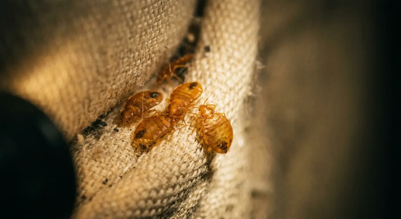 Hollow amber bed bug casings with visible leg and antennae impressions clustered in a mattress seam
