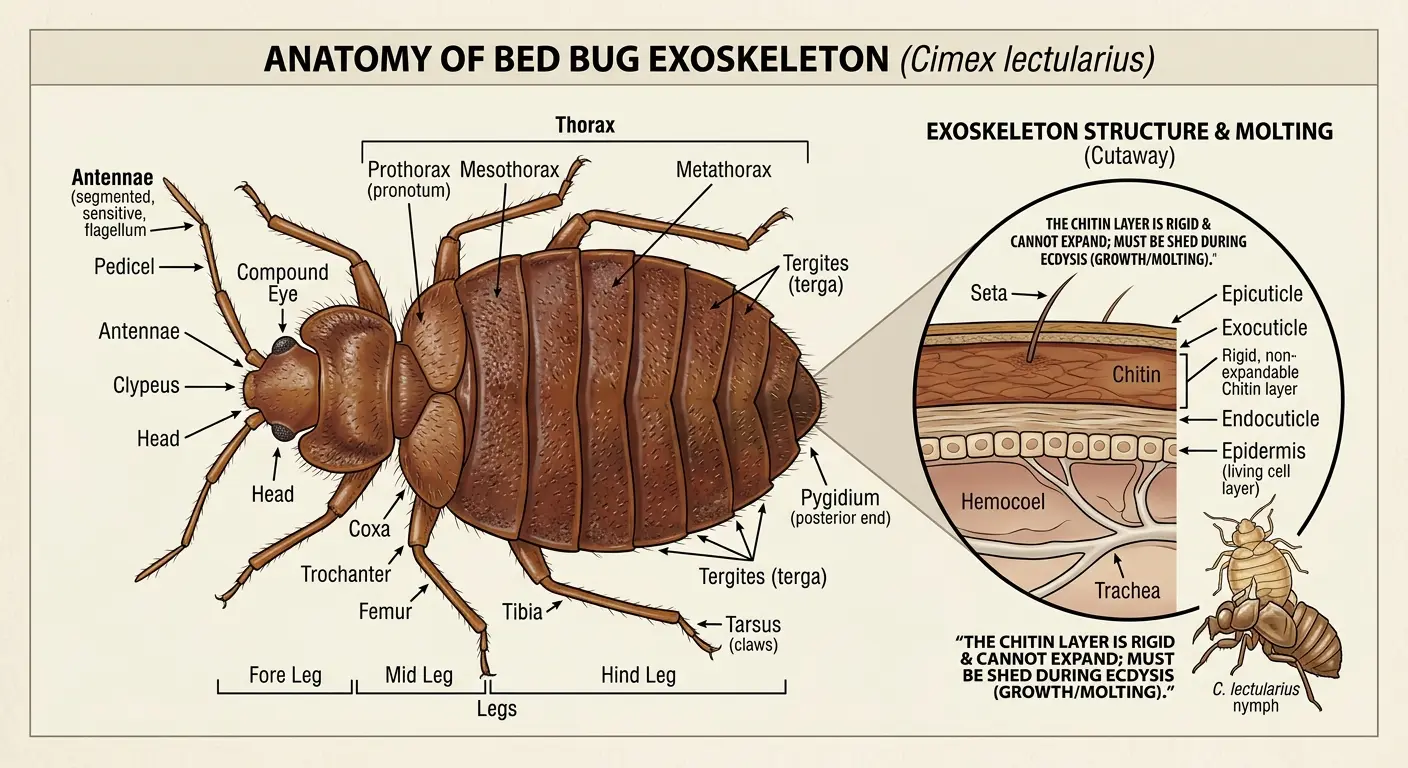 Diagram of bed bug exoskeleton anatomy showing segmented chitin covering, legs, and antennae
