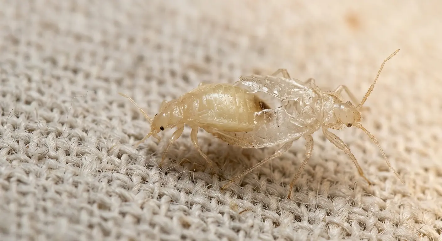 Bed bug nymph emerging from its split translucent shed skin on fabric