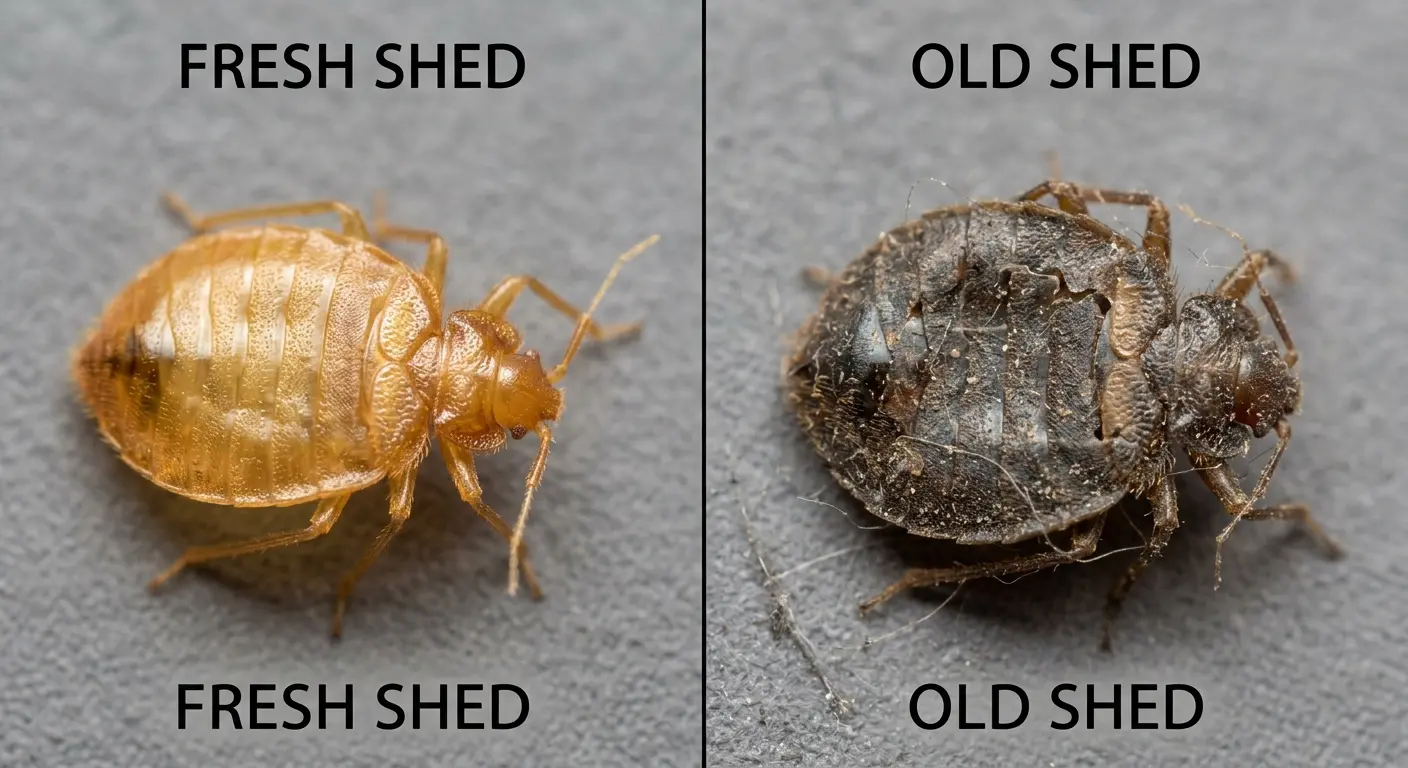 Fresh golden bed bug shell compared to old dark brittle shell showing age differences