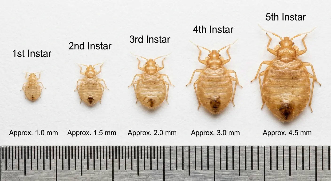 Comparison of bed bug shells from first to fifth instar with ruler showing sizes from 1mm to 4.5mm