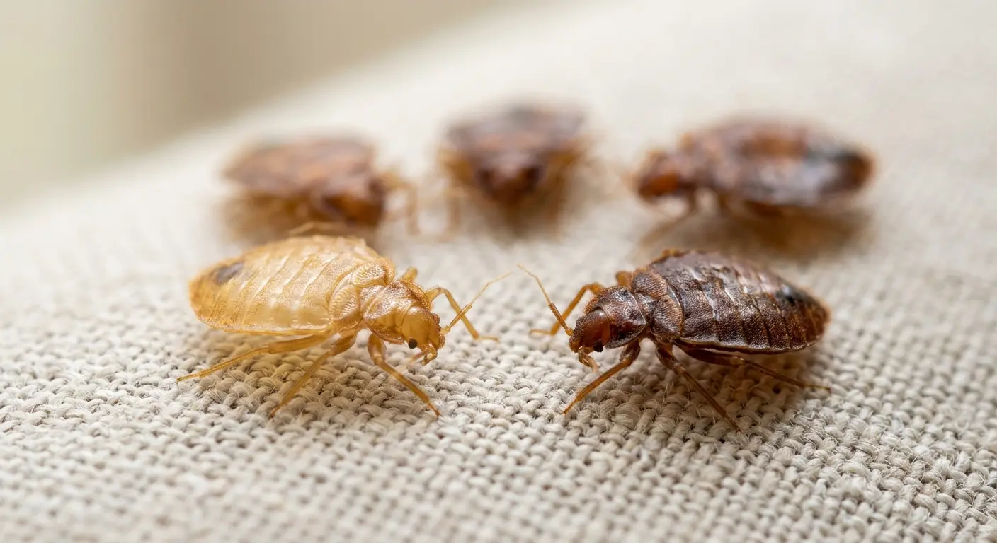 Close-up of translucent amber bed bug shells with visible legs and antennae on fabric