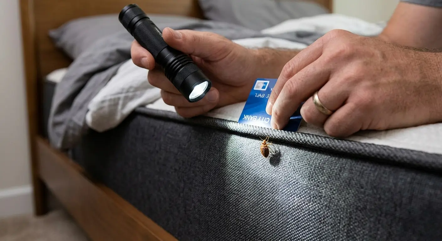 Person inspecting mattress seam with credit card and flashlight to find hidden bed bugs