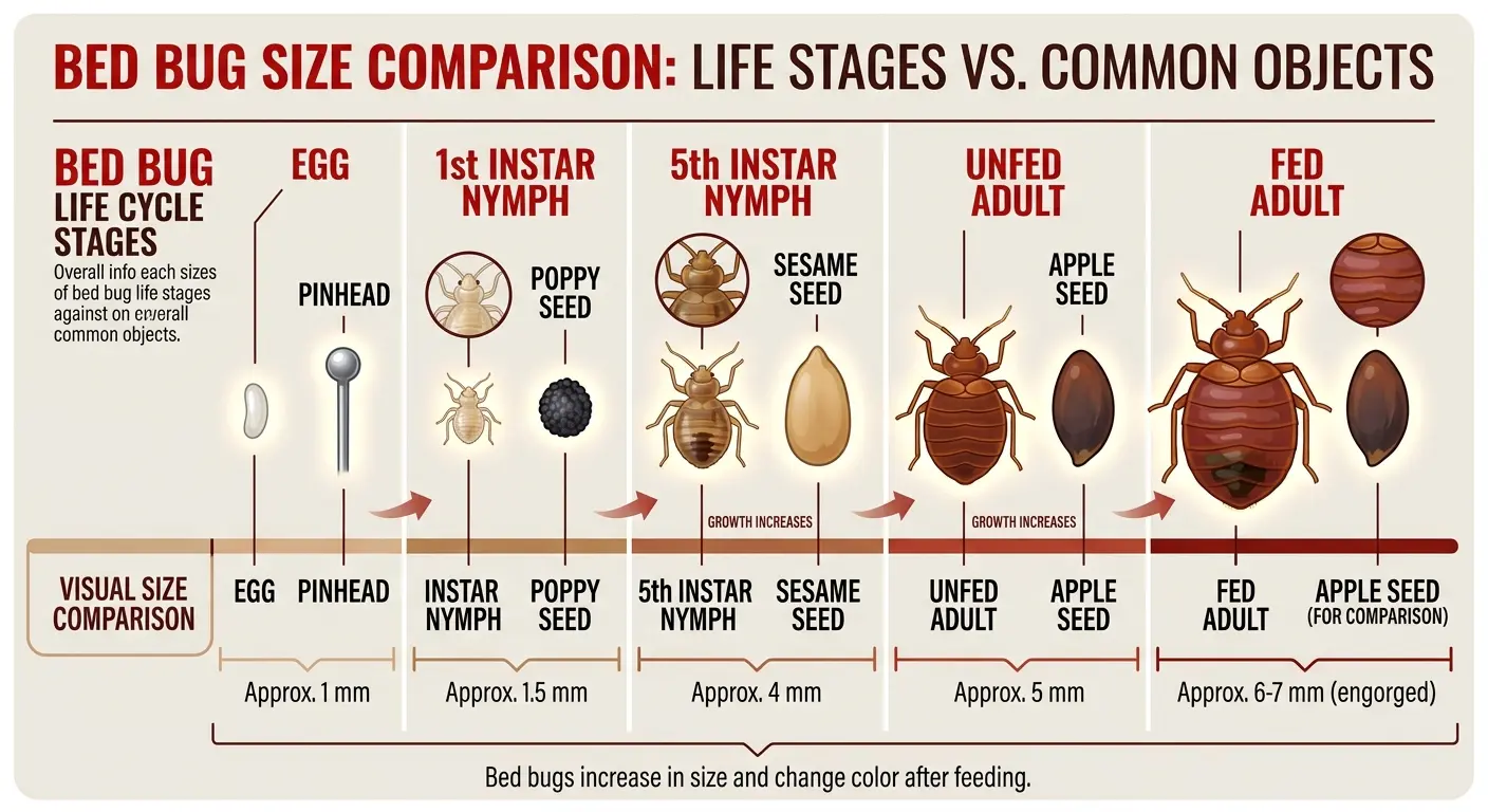 Bed bug size comparison chart showing egg to adult stages next to pinhead, poppy seed, sesame seed, and apple seed