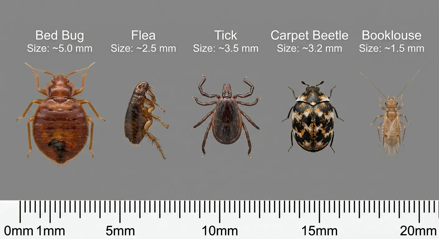 Comparison photo of bed bug vs flea, tick, carpet beetle, and booklouse with size scale