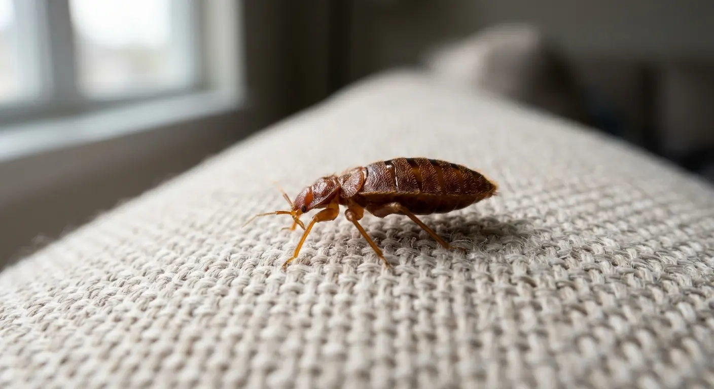 Adult bed bug crawling on a light-colored sofa cushion in bright daylight, showing a daytime bed bug sighting