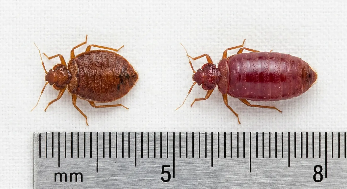 Side-by-side comparison of an unfed bed bug and a fully fed giant-looking bed bug next to a millimeter ruler