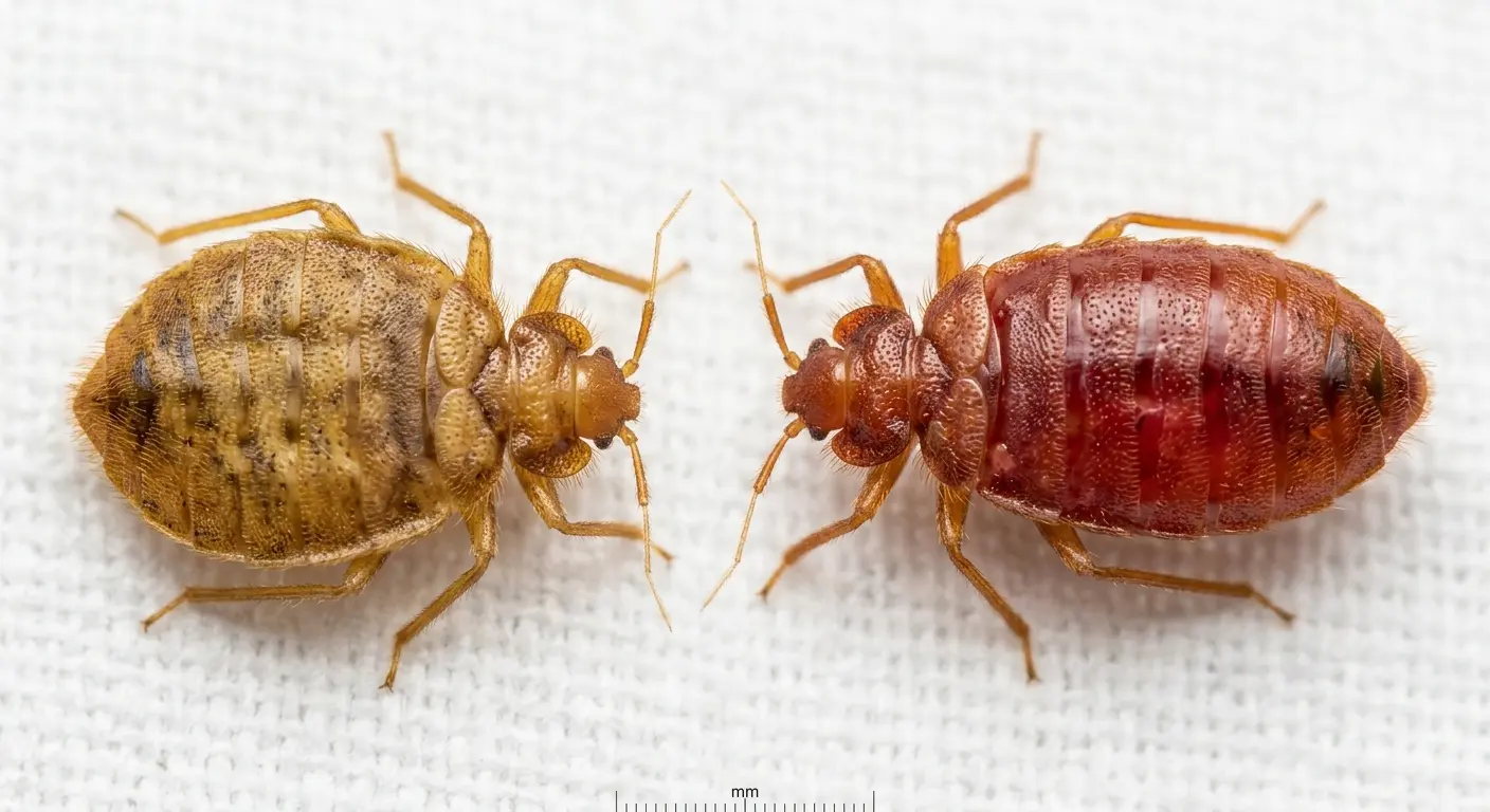 Side-by-side photo of unfed flat brown bed bug and fed elongated reddish bed bug showing size difference