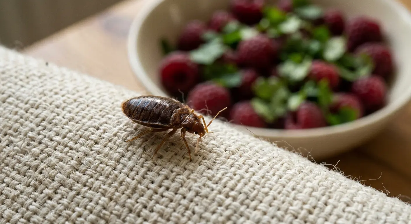 Bed bug on fabric with raspberries and coriander in background illustrating bed bug smell