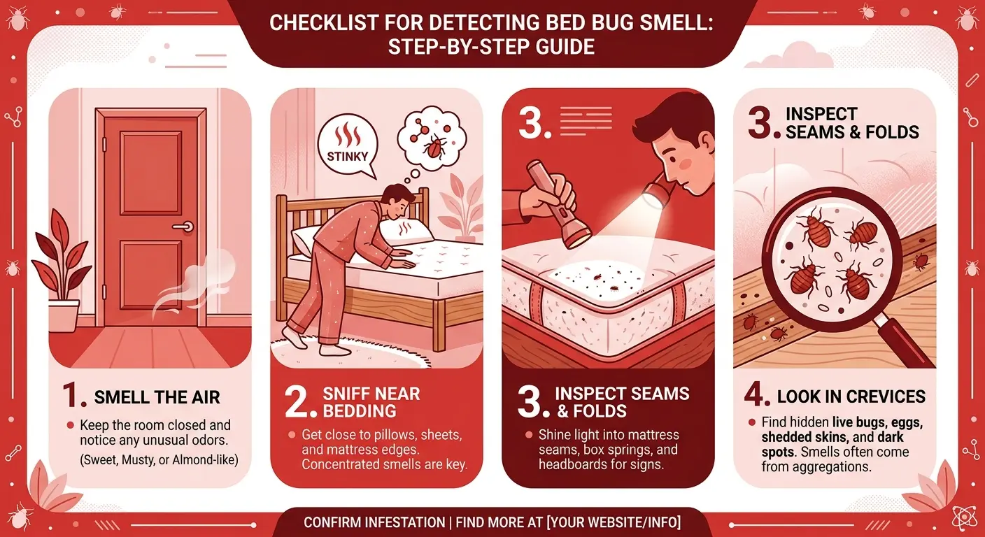 Step-by-step infographic for detecting bed bug smell in a bedroom