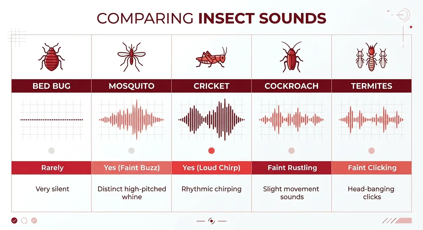 Infographic comparing bed bug sounds to other pests like mosquitoes and crickets, showing audibility levels