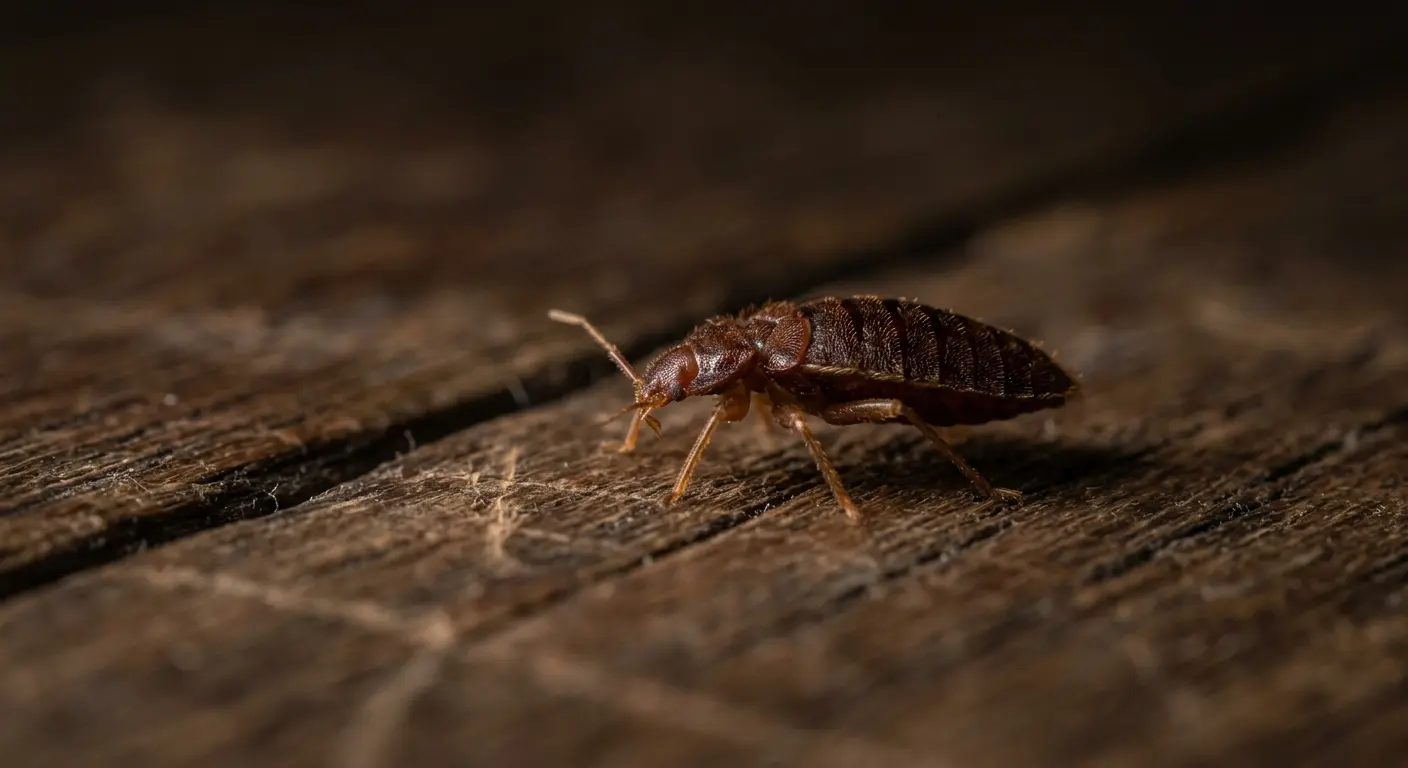 Close-up of a bed bug on a wooden floor, illustrating the faint tapping sounds it makes when moving