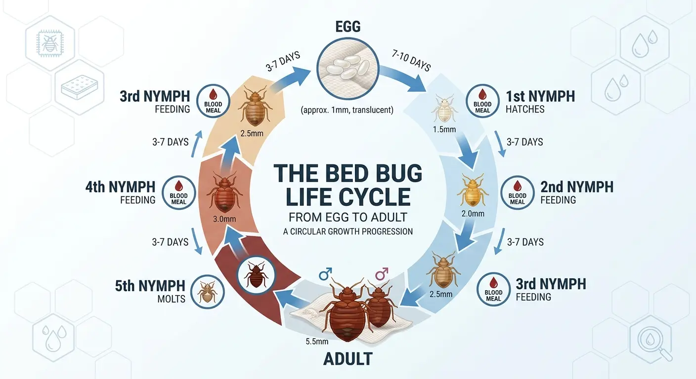 Infographic showing different forms of bed bugs from egg to nymph to adult life stages