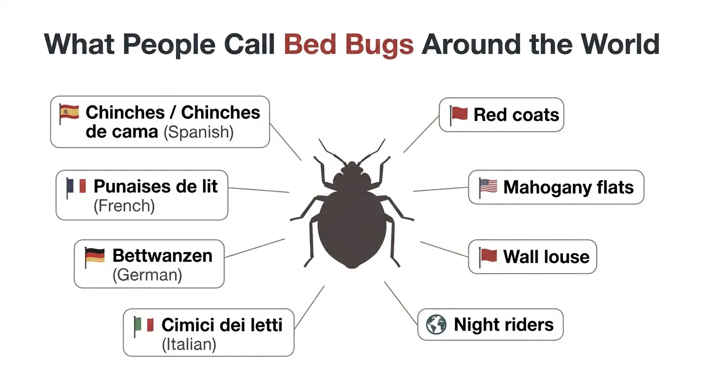 Infographic of common bed bug names worldwide, including chinches, punaises de lit, bettwanzen, red coats, and mahogany flats