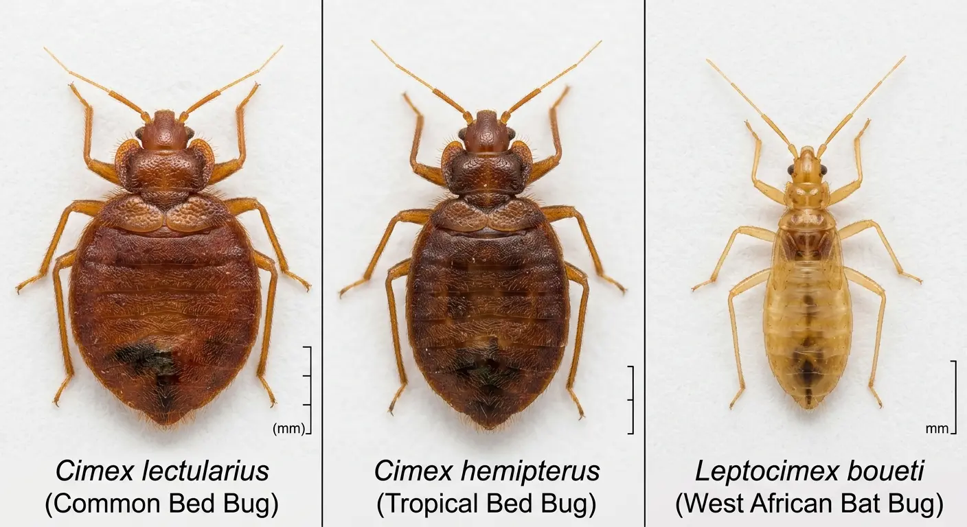 Side-by-side comparison of common, tropical, and African bed bug species showing size and shape differences