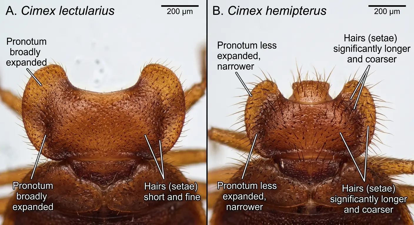Microscopic view comparing pronotum shape and hair length of common and tropical bed bugs