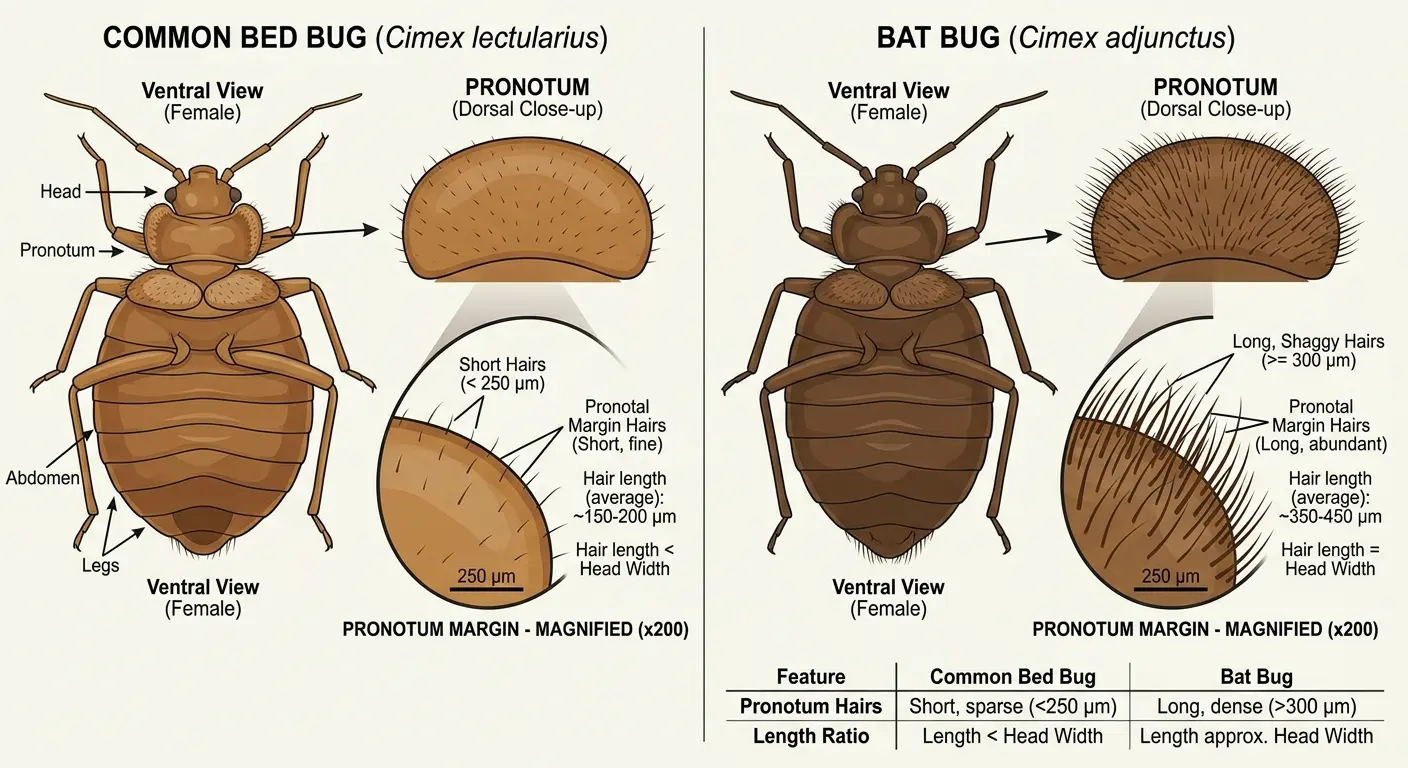 Diagram showing longer pronotum hairs on bat bugs compared to common bed bugs for identification