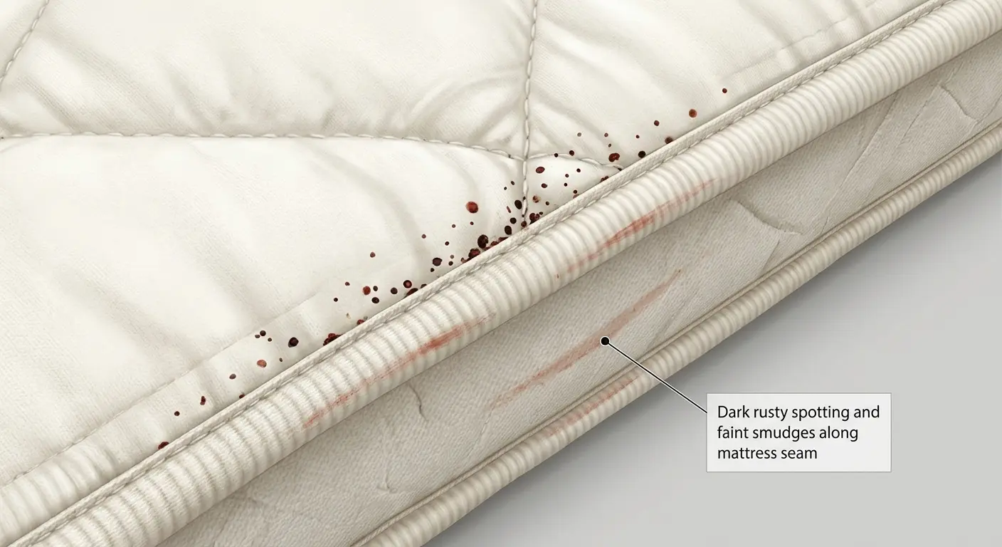 Bed bug stains on mattress seams showing dark fecal spots and blood smears