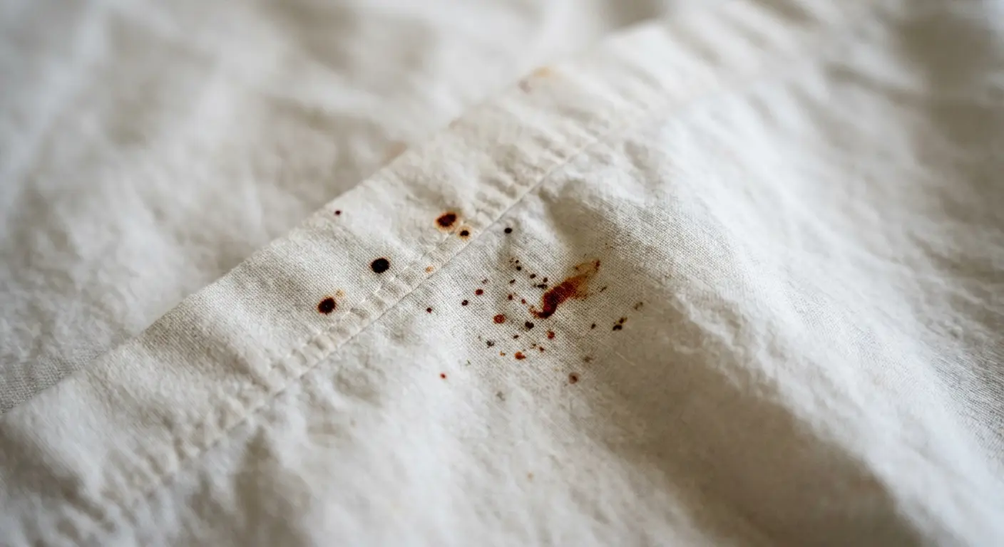 Close-up of bed bug stains on white sheets showing rust-colored spots and smears