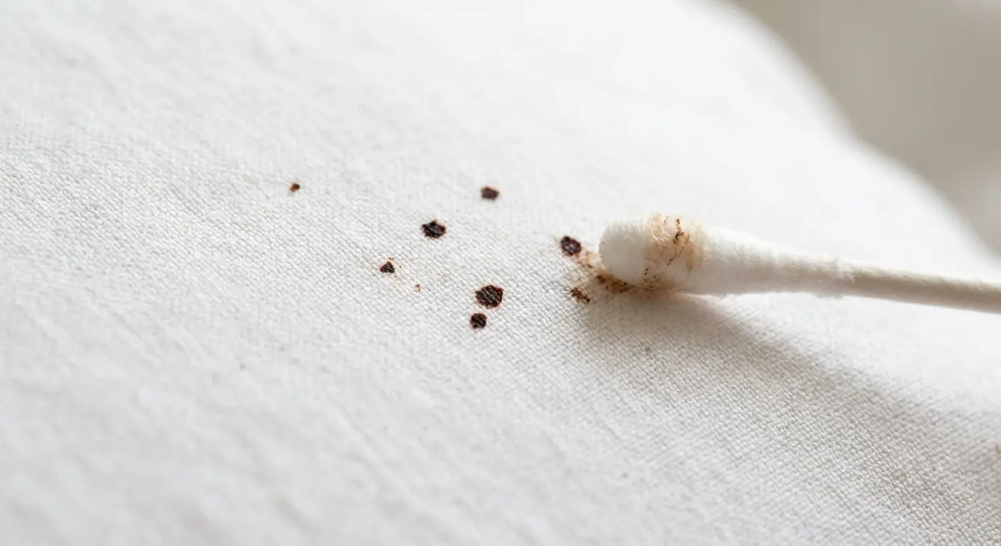Early bed bug stains on sheets appearing as tiny dark specks with water test swab