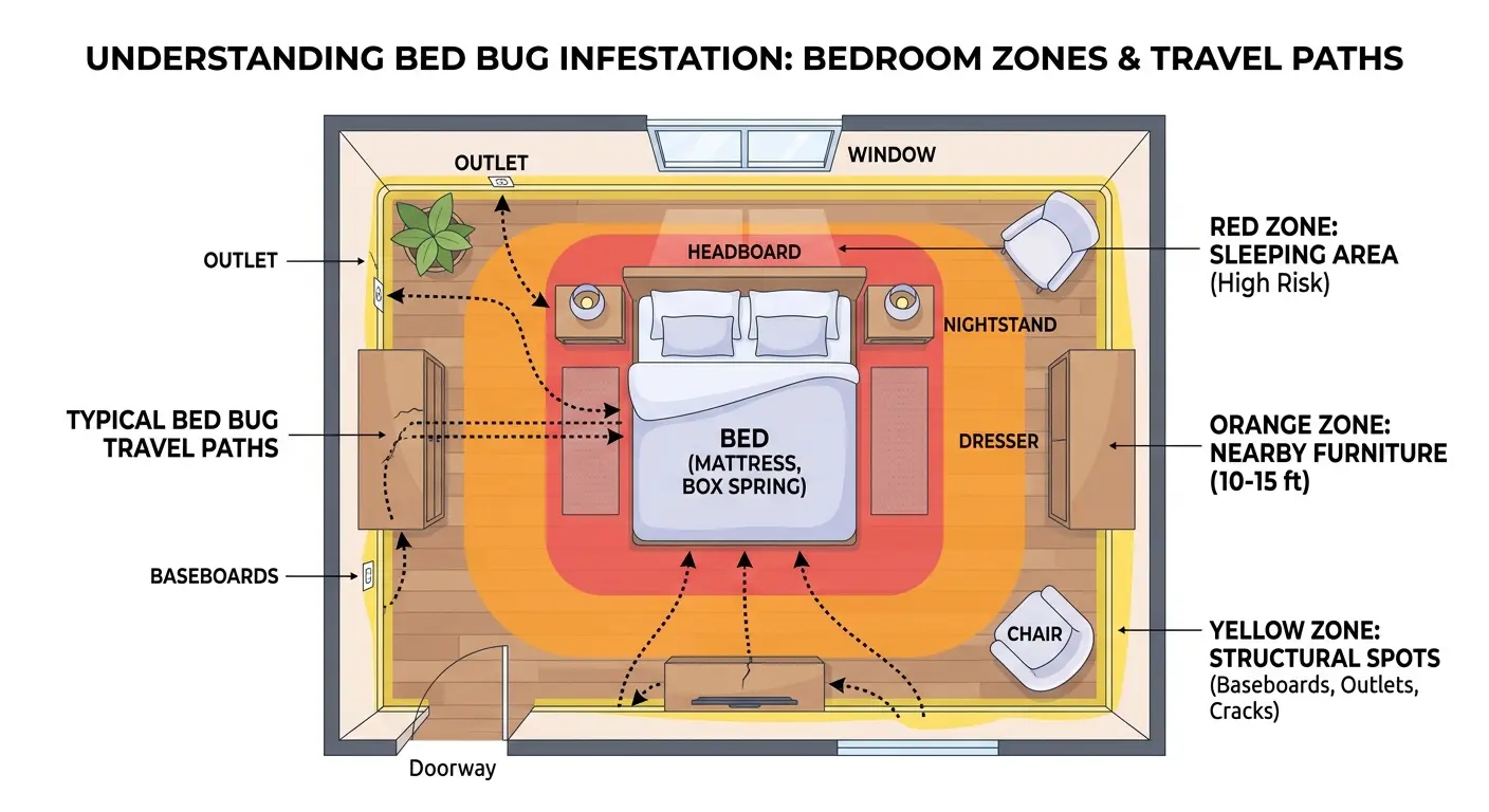 Infographic map showing where to find bed bug tracks in a bedroom