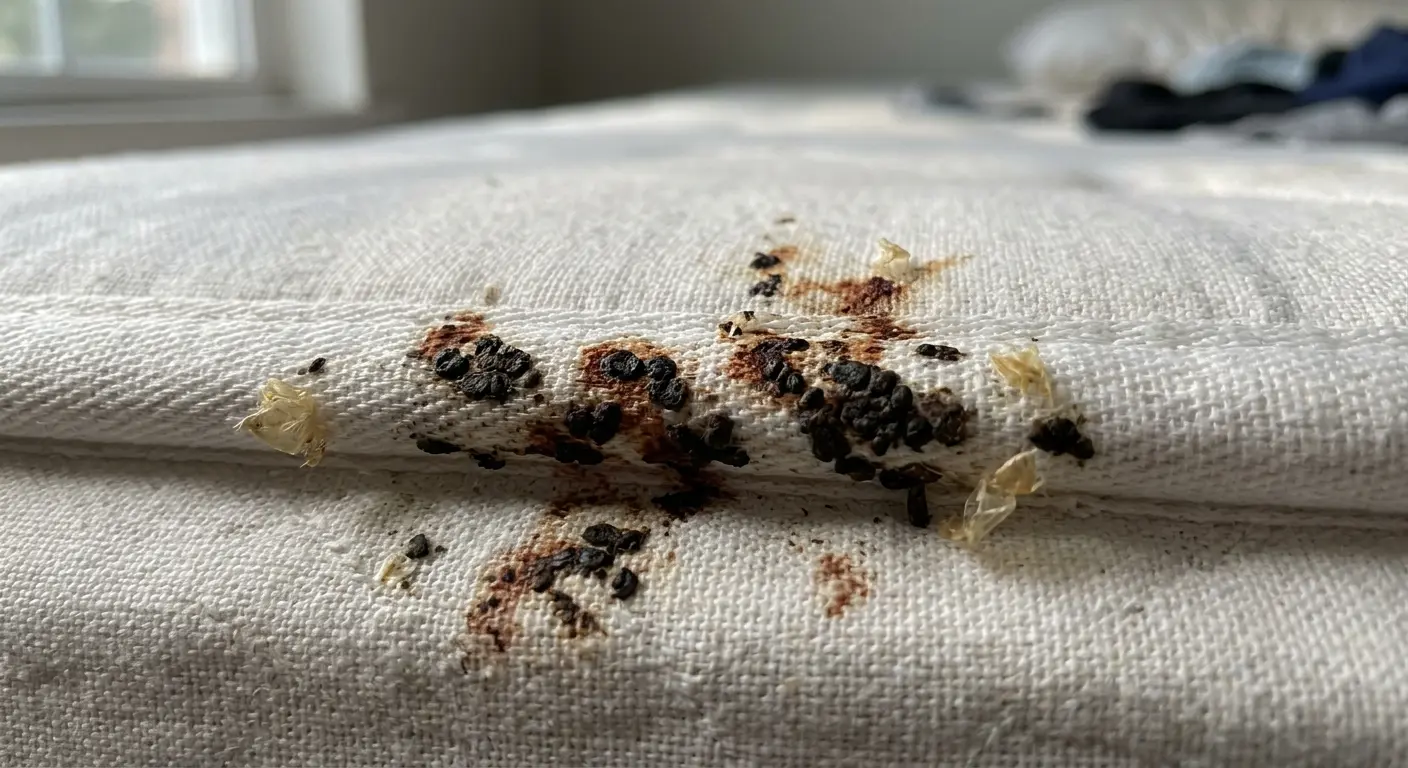 Bed bug tracks on mattress seam showing dark fecal spots and blood smears